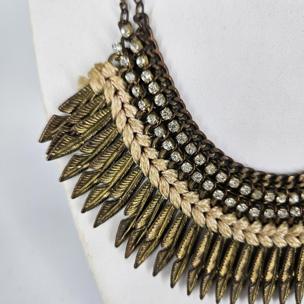 Bib Necklace Gold Tone Boho Statement Feather Fringe Rhinestone 16" Braided Cord - Picture 5 of 10